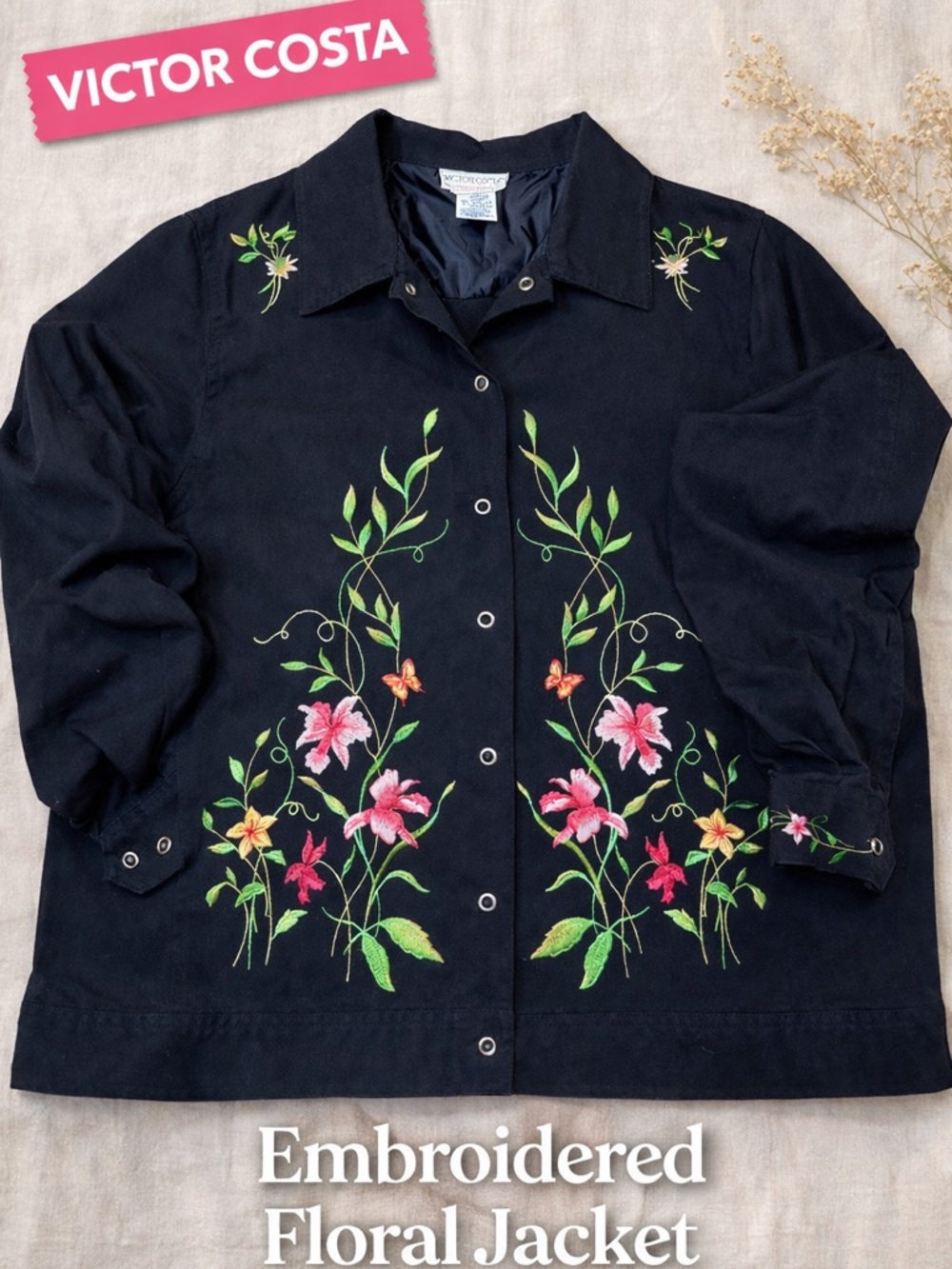 Victor Costa Floral Embroidered Jacket Black Vintage Cottagecore NWOT